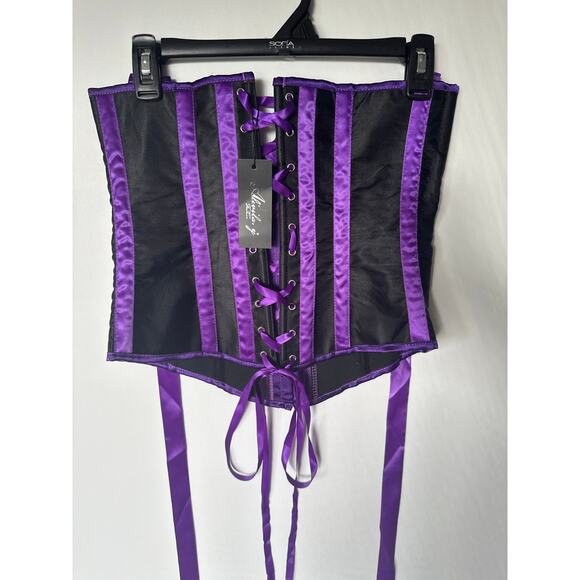 Black & Purple🌿Satin Corset Bustier Lace-Up Back Gothic Corset Cosplay Costume - Picture 3 of 6